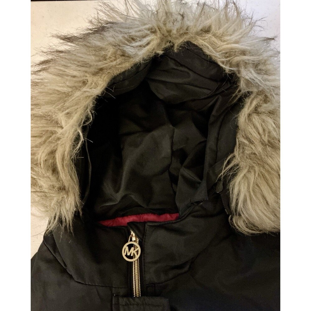 Michael Kors Girls 7/8 Black Winter Parka Coat Faux Fur Hood Gold Logo - Picture 3 of 11